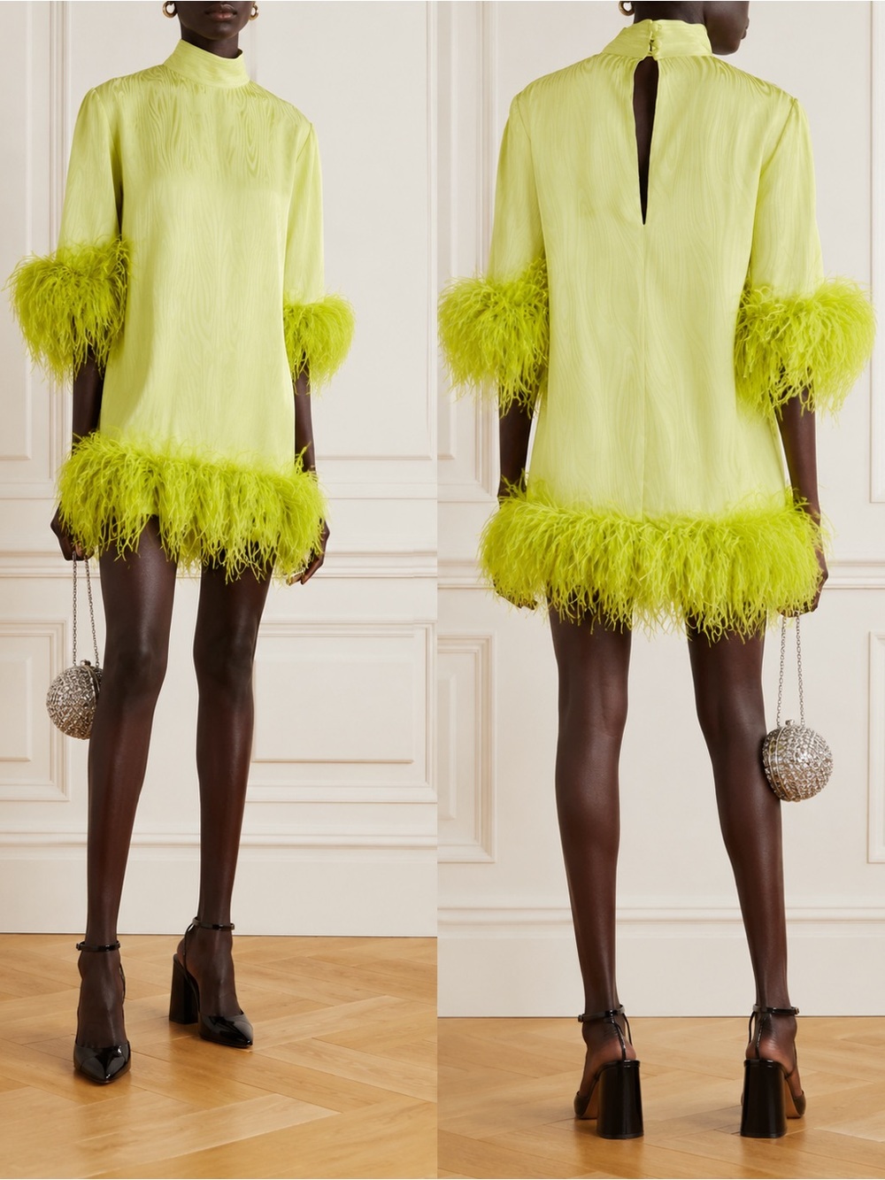 Taller Marmo Gina Feather Trim Dress in Chartreuse Green Size IT 40 / US 4